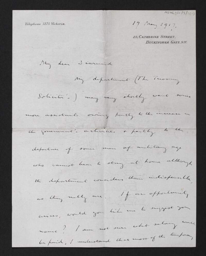 Letter from Alexander Waldemar Lawrence to Diarmid Coffey asking if he would like to be suggested for a position as a solicitor in the Treasury,