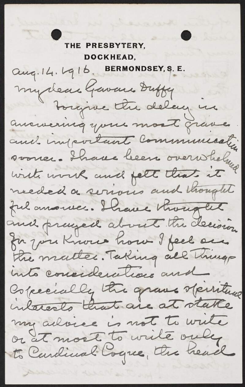 Letter from Edward Murnane, The Presbytery, Dockhead, Bermondsey, to George Gavan Duffy noting that the facts about Roger Casement "fan the flame but in the wrong direction",