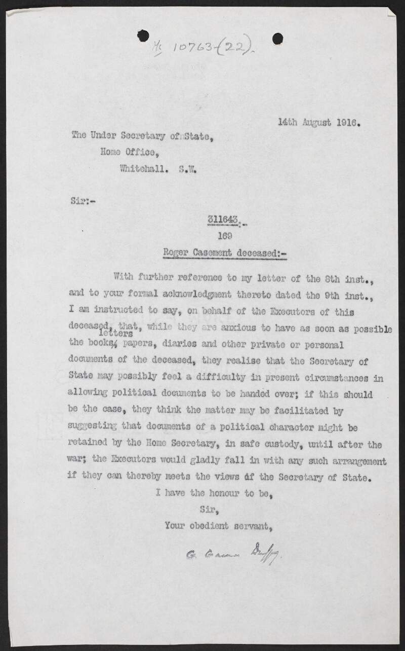 Letter from George Gavan Duffy to Ernley Blackwell, Under Secretary of State, Home Office, Whitehall, regarding the return of Roger Casement's possessions and the possible difficulty in allowing political documents to be handed over,
