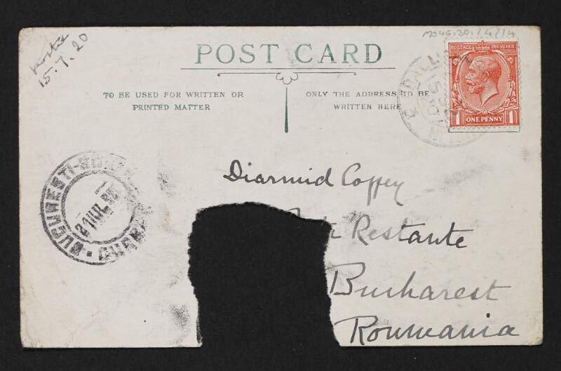 Postcard from Jane Coffey to Diarmid Coffey with references to meeting Horace Curzon Plunkett and Francis Cruise O'Brien,