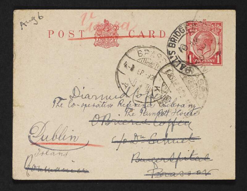 Postcard from Jane Coffey to Diarmid Coffey requesting that he send her a telegraph,
