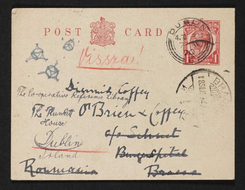 Postcard from Jane Coffey to Diarmid Coffey requesting that he sends her a telegraph,