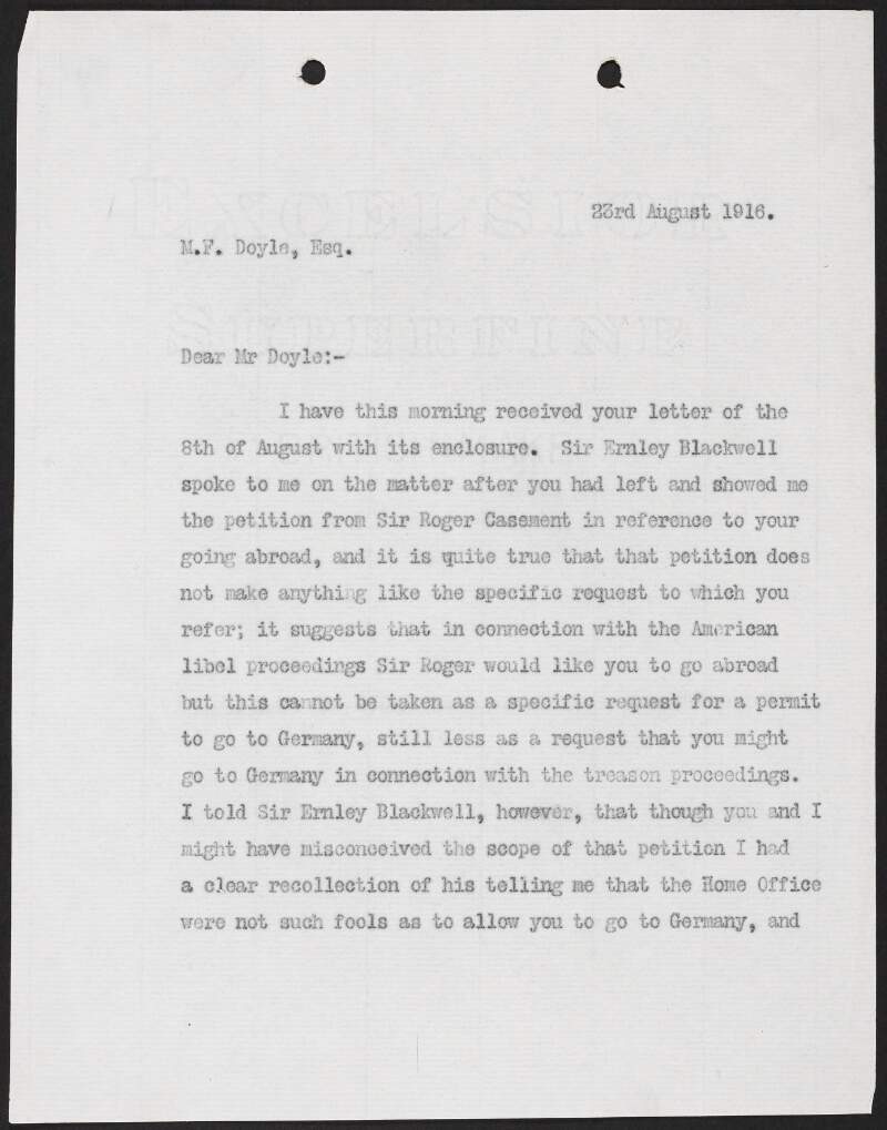 Letter from George Gavan Duffy to Michael Francis Doyle regarding a petition from Roger Casement in reference to Doyle's time abroad,