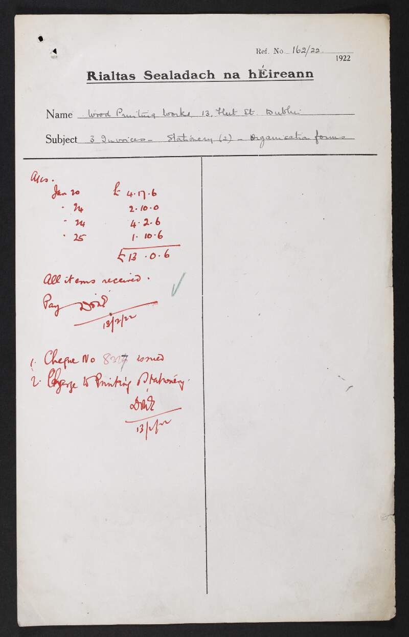 Invoices from the Wood Printing Works and Irish Provisional Government,