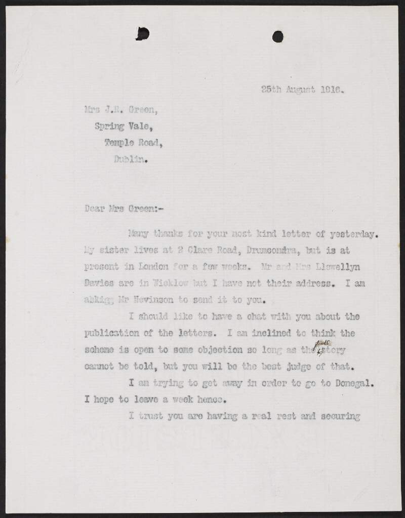 Letter from George Gavan Duffy to Alice Stopford Green, Spring Vale, Temple Road, Dublin, providing the address of his sister and noting that he would like to have a chat with her about the publication of letters in 'Freeman Journal',