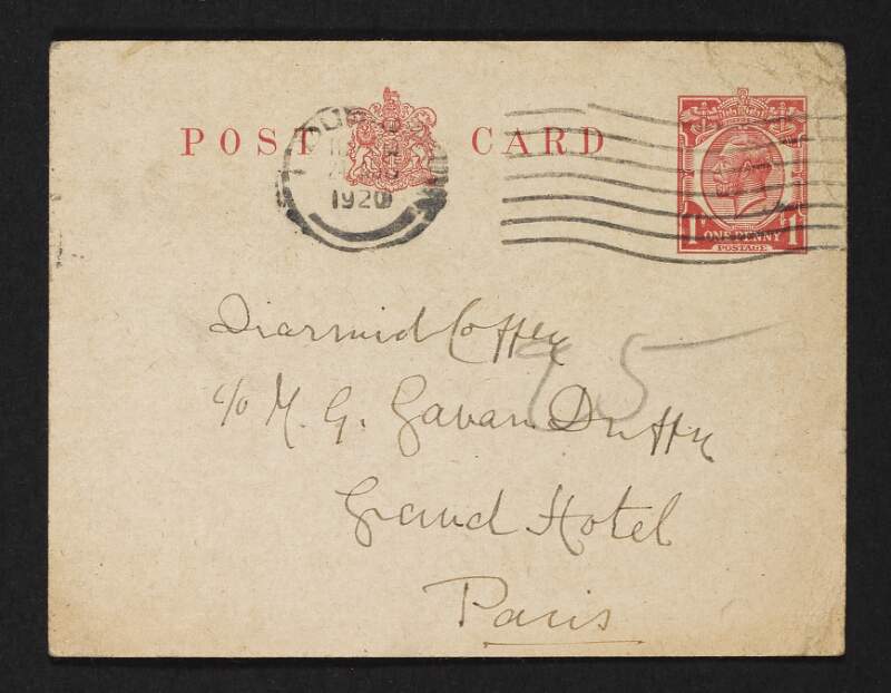 Postcard from Jane Coffey to Diarmid Coffey with references to the political situation in Ireland,