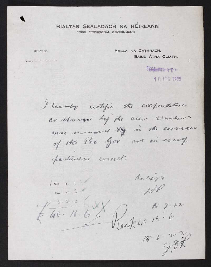 Receipts for expenses from the Séosamh Ó Cláir, Provisional Government of Ireland, to the Department of Finance,