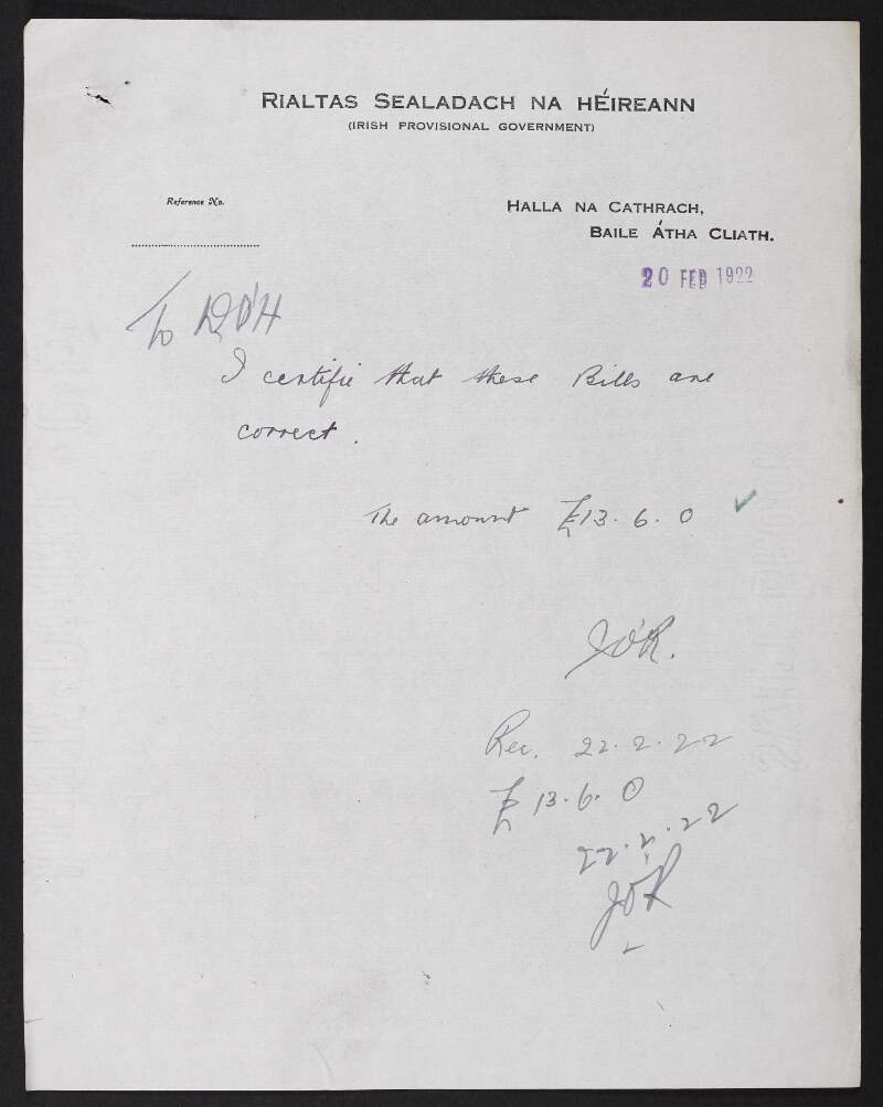 Receipts for expenses from the Séosamh Ó Cláir, Provisional Government of Ireland, to Diarmuid O'Hegarty, Provisional Government of Ireland,