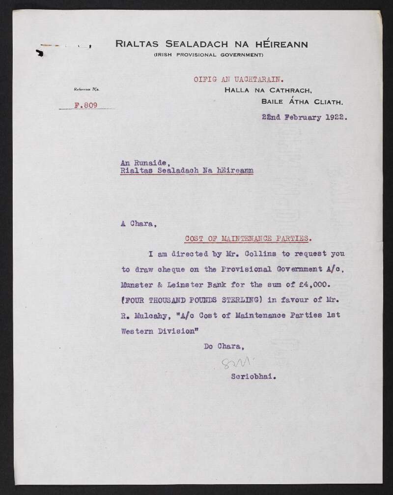 Correspondence between Provisional Government of Ireland and Richard Mulcahy, Minister of Defence, regarding the payment of a grant for the Department of Defence,