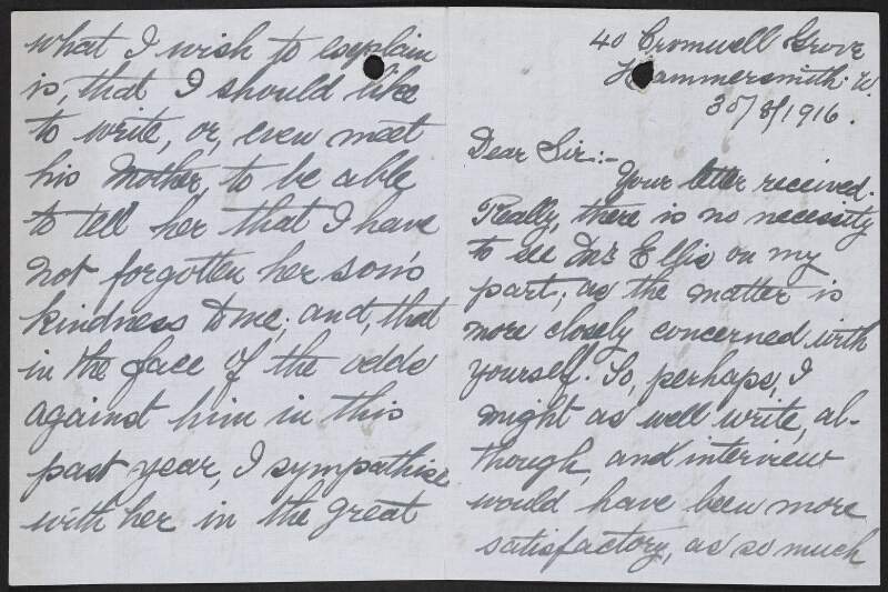 Letter from Gillian M. Shirley, Cromwell Grove, Hammersmith, to George Gavan Duffy regarding an encounter with Roger Casement while in Brazil,