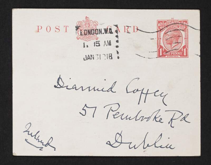 Postcard from Jane Coffey to Diarmid Coffey requesting that he sends her a piece of clothing from Ireland,