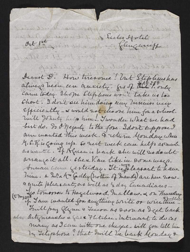 Letter from Jane Coffey to Diarmid Coffey regarding "Stephens" employment and a visit by [Mary Spring Rice],