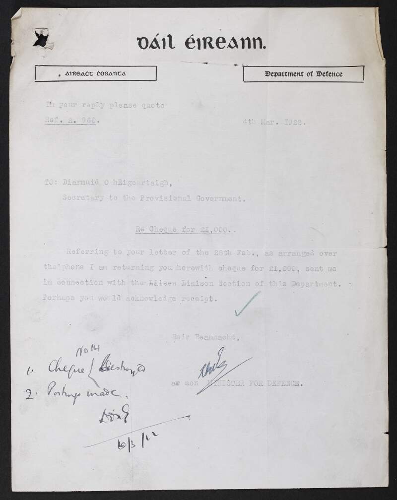 Letter from Richard Mulcahy, Minister for Defence, to Diarmuid O'Hegarty, Secretary, Provisional Government of Ireland, returning cheque,