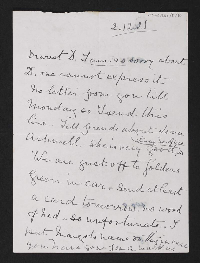 Letter from Jane Coffey to Diarmid Coffey with references to Lena Ashwell and visiting Golders Green,