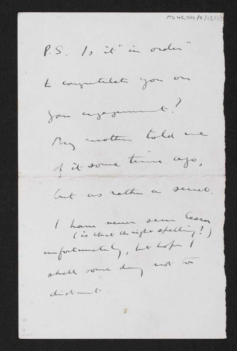 Partial letter from an unidentified person to Diarmid Coffey congratulating him on his engagement and politics,
