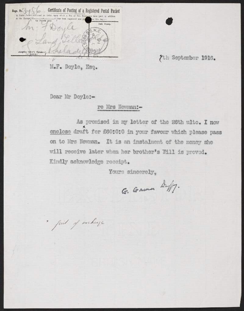 Letter from George Gavan Duffy to Michael Francis Doyle regarding a draft for Roger Casement's sister, Agnes Newman,