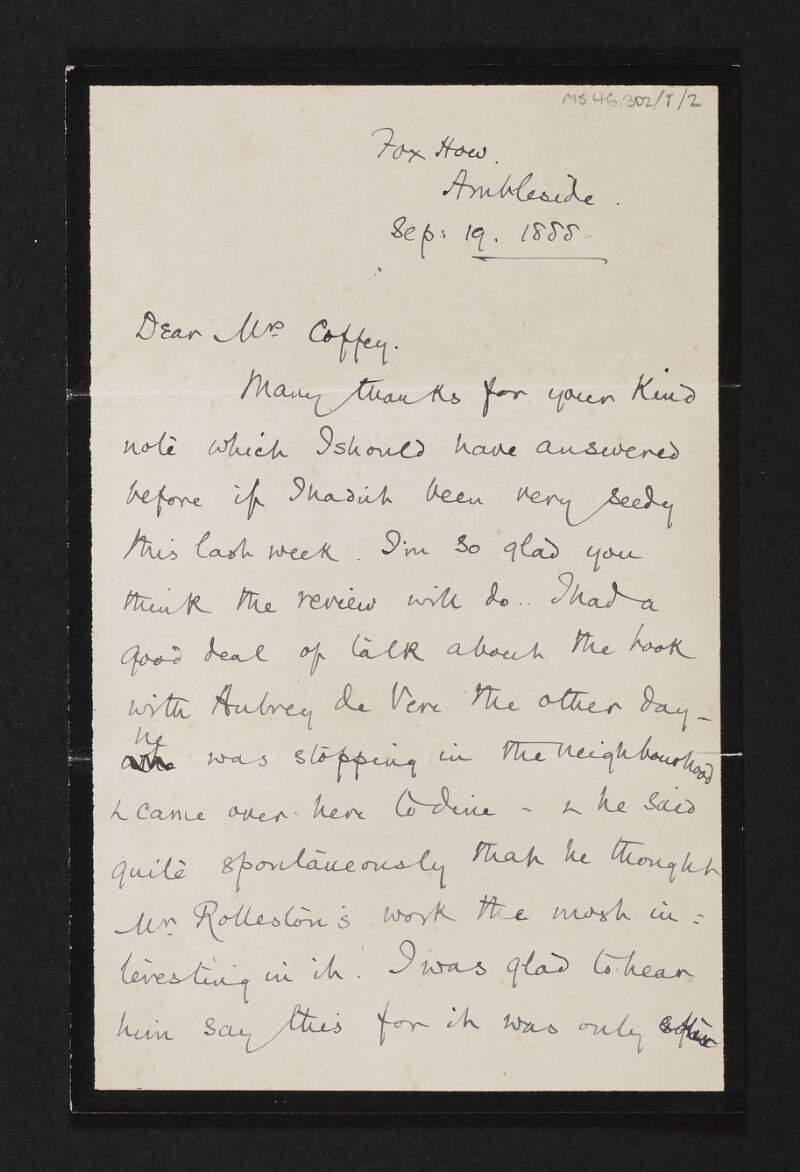 Letter from Ethel M. Arnold to Jane Coffey regarding discussing a book with Aubrey de Vere and a review,