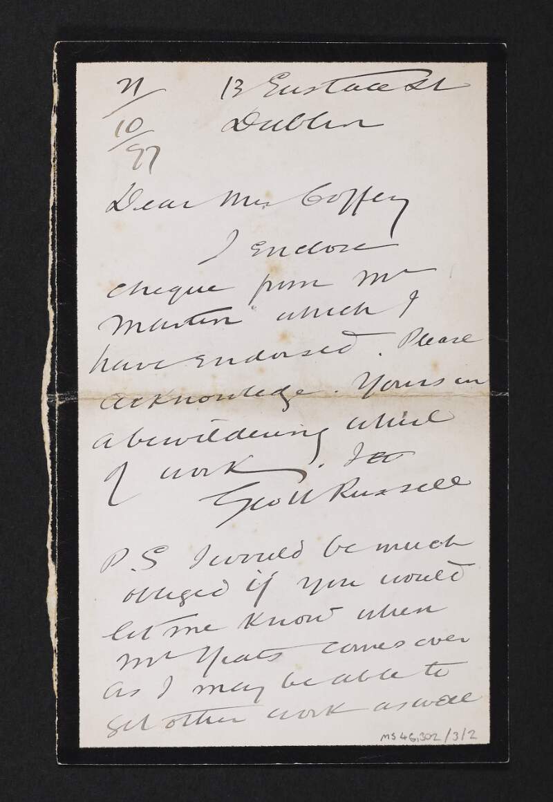 Letter from George William Russell to Jane Coffey forwarding a nonextant cheque from "Mr Martin" and asking when William Butler Yeats visits,