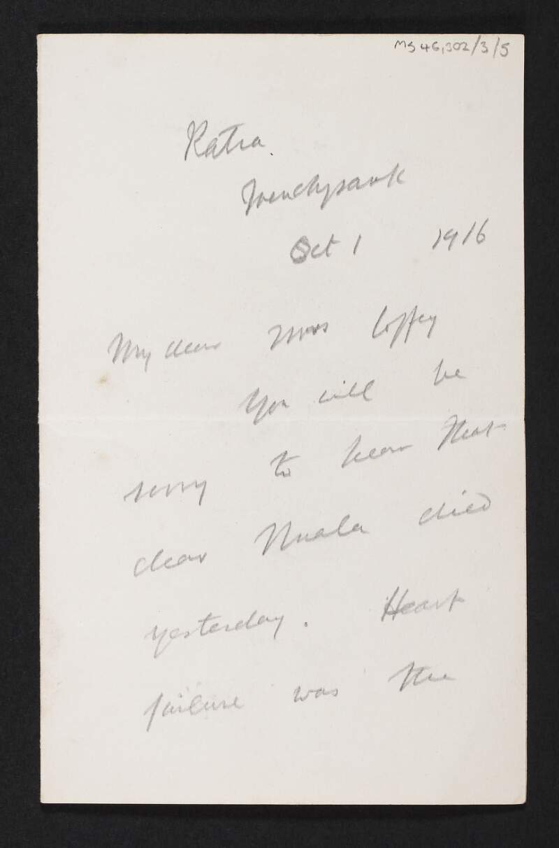 Letter from Douglas Hyde to Jane Coffey informing her that his daughter, Nuala Hyde, had passed away,