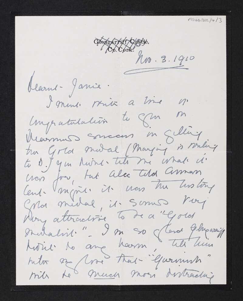 Letter from an unidentified author to Jane Coffey congratulating Diarmid Coffey on winning a gold medal in Trinity College Dublin,