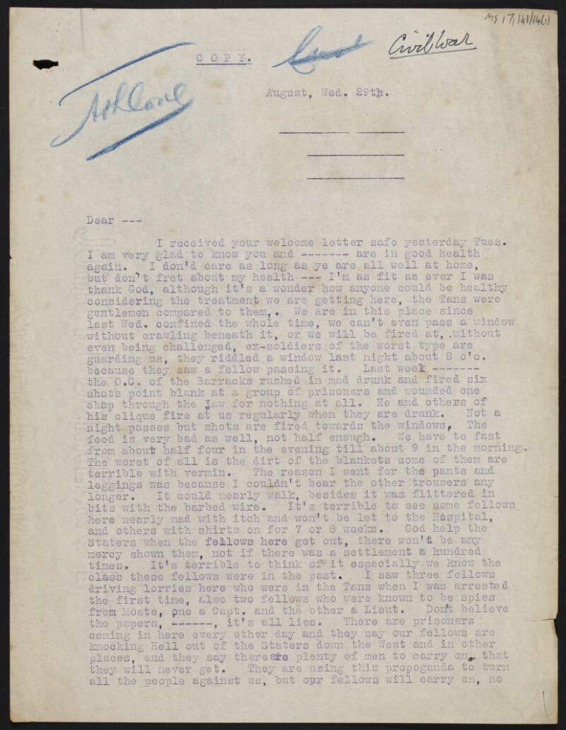 Copy letter from unidentified person to unidentified recipient regarding the treatment of Anti-Treaty prisoners,