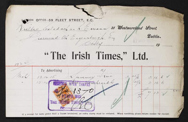 Invoice from the Irish Times, Limited, to the Provisional Government of Ireland for notices in newspaper regarding "Summer Time",
