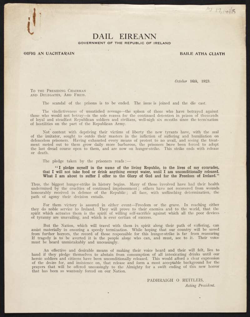 Copy letter from Padraig Ruttledge to the Presiding Chairman and Delegates of the Sinn Féin Ard Fheis, regarding the treatment of Republican prisoners and the ongoing hunger strikes,