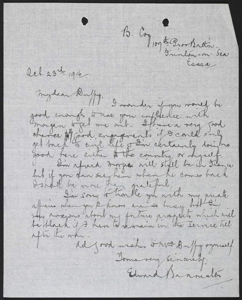 Letter from Edward Bannister to George Gavan Duffy requesting assistance regarding the British Army,