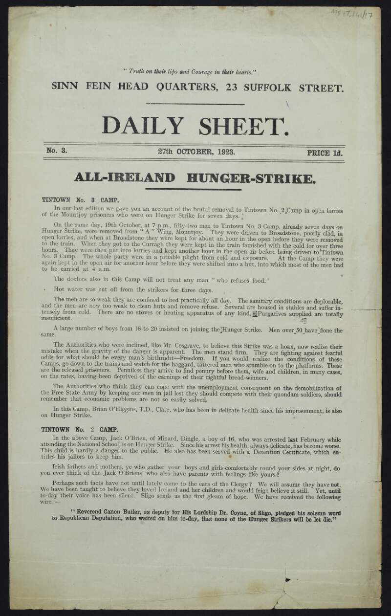 Article from 'Daily Sheet' titled "All-Ireland Hunger Strike",
