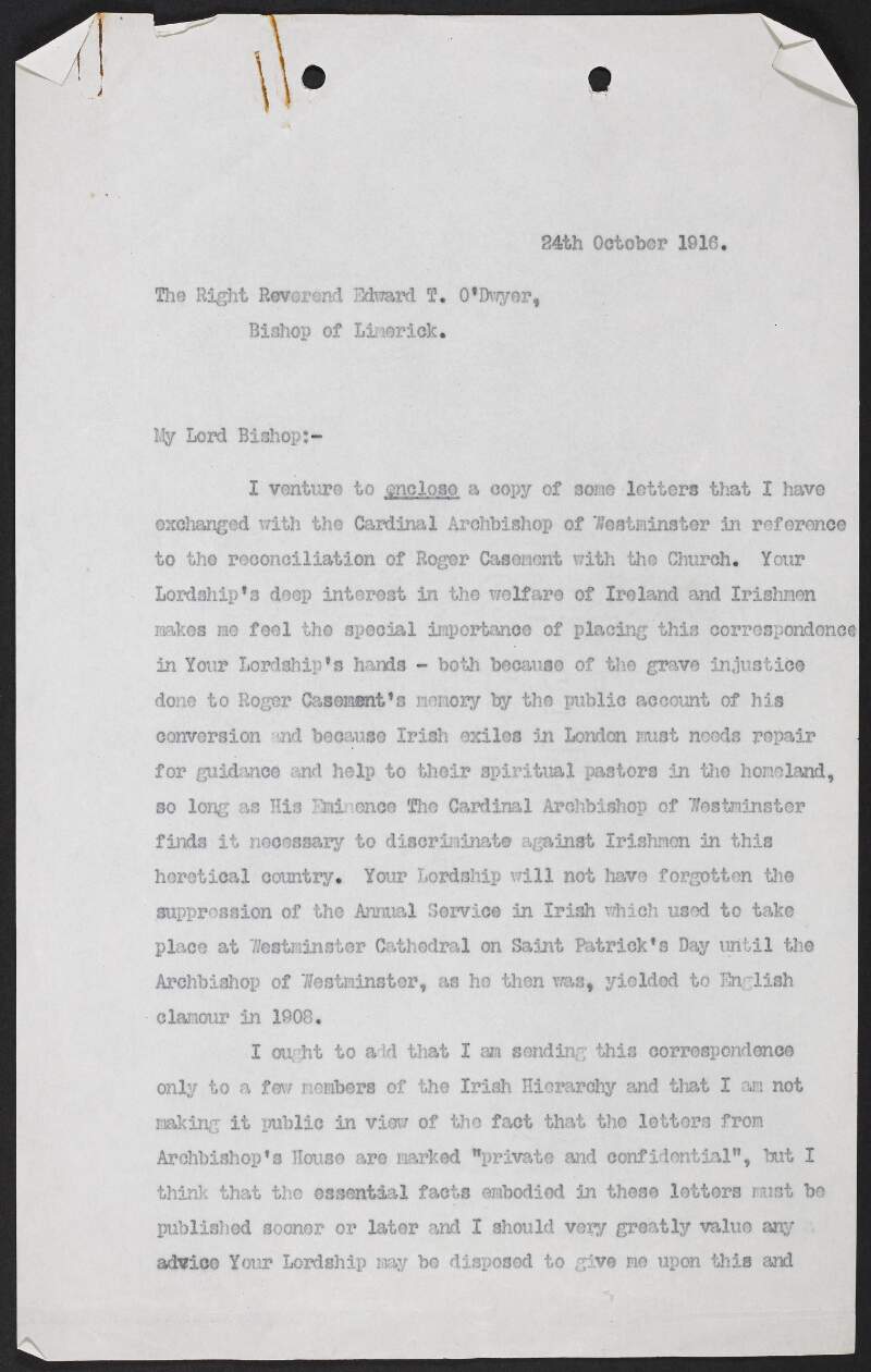 Letter from George Gavan Duffy to Reverend Edward T. O'Dwyer, Bishop of Limerick, regarding Roger Casement's conversion to Catholicism,