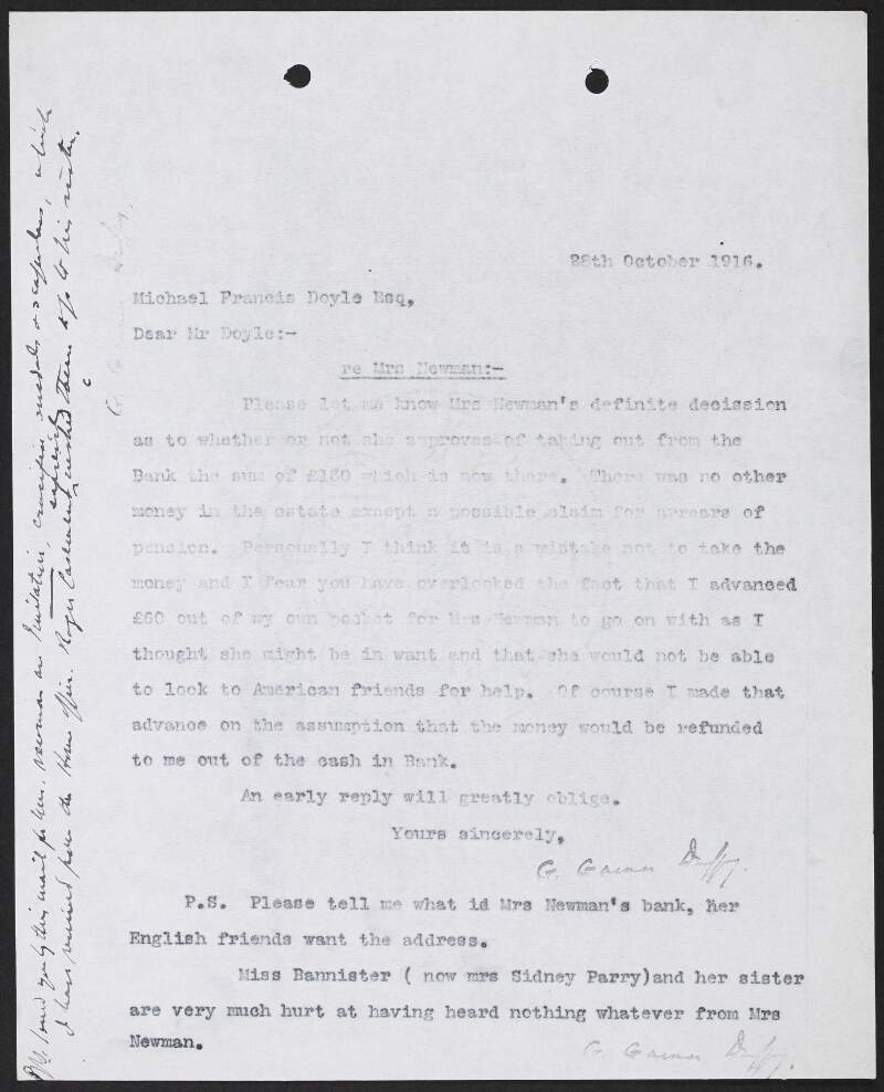 Letter from George Gavan Duffy to Michael Francis Doyle regarding Roger Casement's sister, Agnes Newman and her finances,