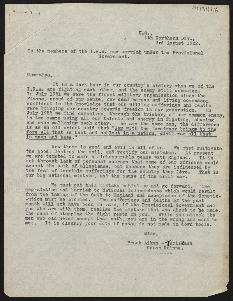 Copy circular letter from Frank Aiken to members of the Irish Republican Army serving under the Provisional Government regarding the Oath,