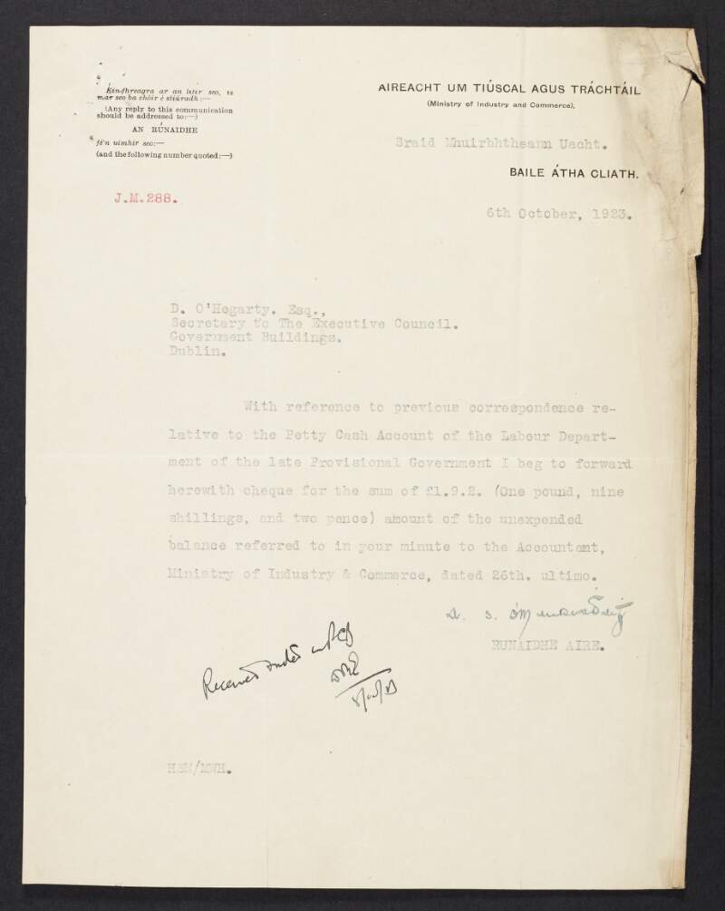 Letter from Captain Henry Murray, Department of Industry and Commerce to Diarmuid O'Hegarty, Secretary, Executive Council regarding the petty cash account of the Labour Department of the Provisional Government of Ireland,