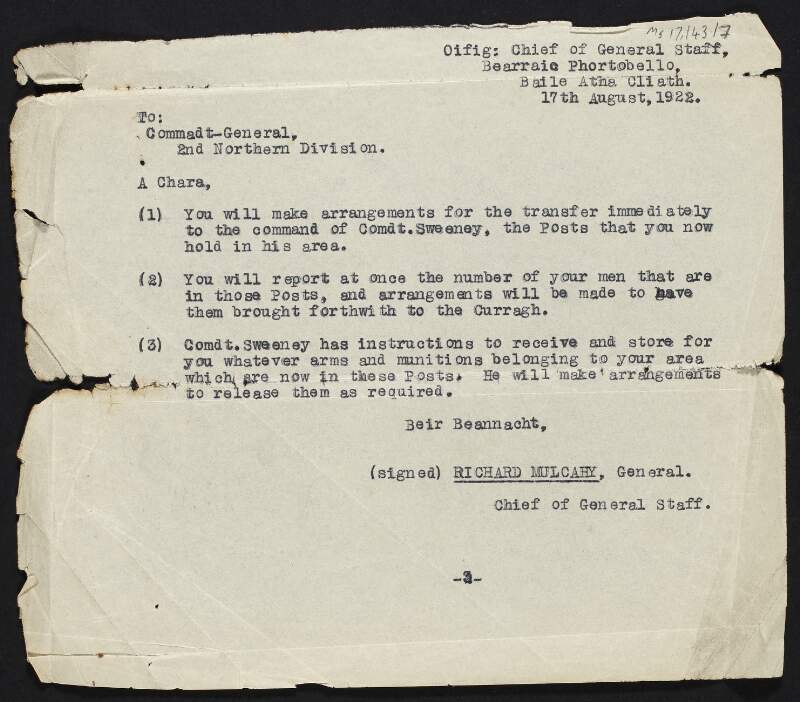 Copy memo from Richard Mulcahy, Chief of General Staff, to Commandant-General of the 2nd Northern Division, regarding the transfer of command to Commandant Sweeney,