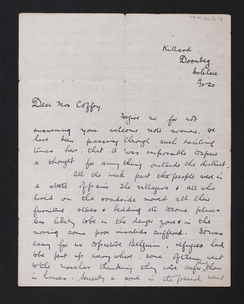 Letter from Susan Killeen to Jane Coffey regarding the political situation in County Clare and leaving her job at a book shop in Dublin,