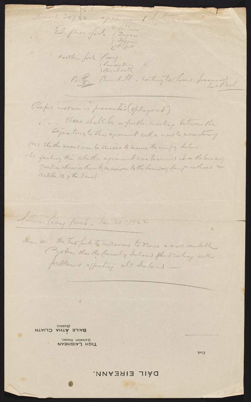 Manuscript notes on agreement between the Irish Free State and Britain,