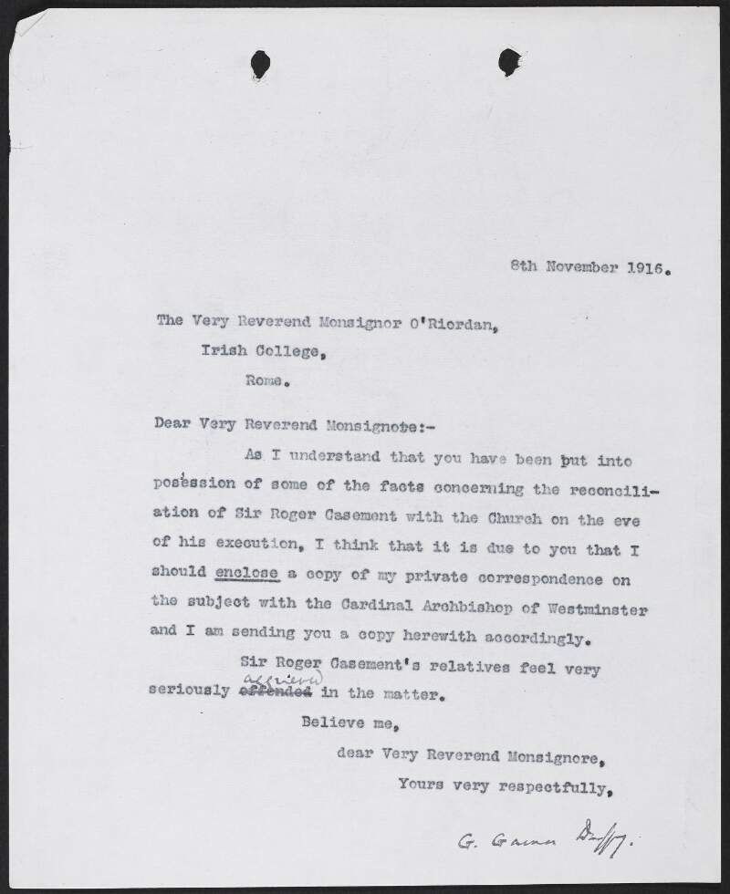 Letter from George Gavan Duffy to Monsignor Michael O'Riordan, Irish College, Rome, concerning Roger Casement's conversion to Catholicism,