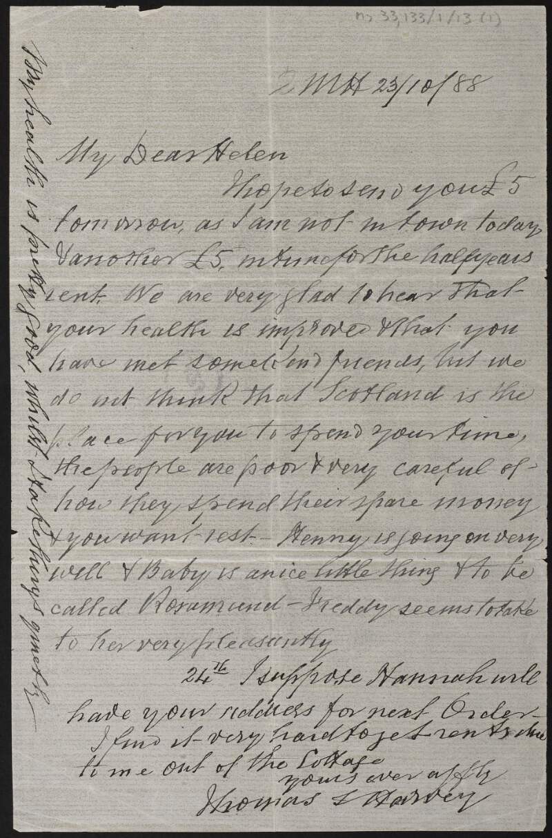 Letter from Thomas Smith Harvey to his daughter Helen Elizabeth Harvey, Fortrose, Inverness, Scotland, informing her of the birth of his granddaughter Rosamond Jacob,