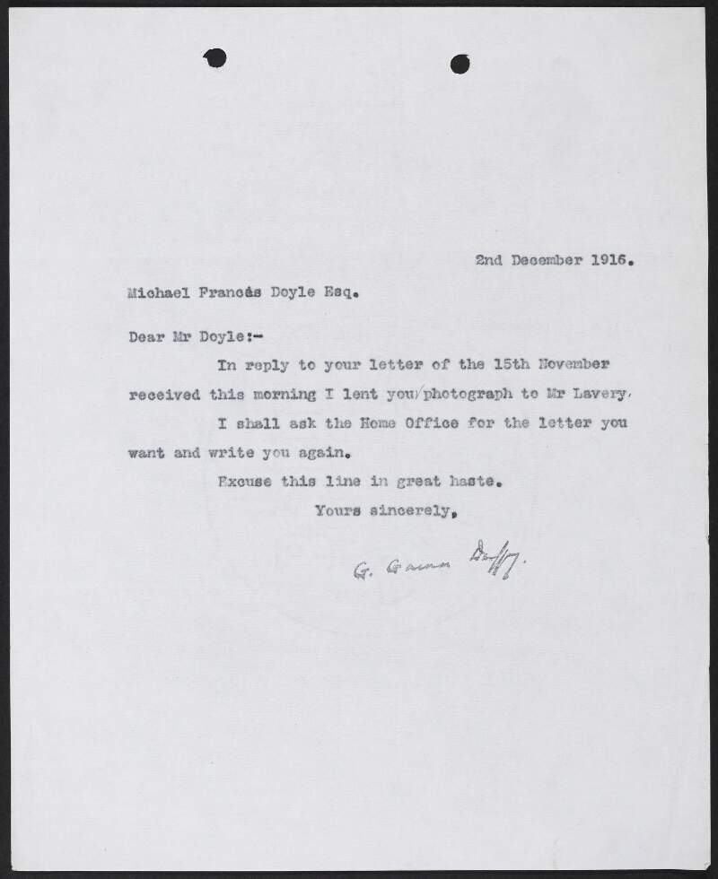 Letter from George Gavan Duffy to Michael Francis Doyle noting that he has given John Lavery a photograph of him for his painting of the trial of Roger Casement,