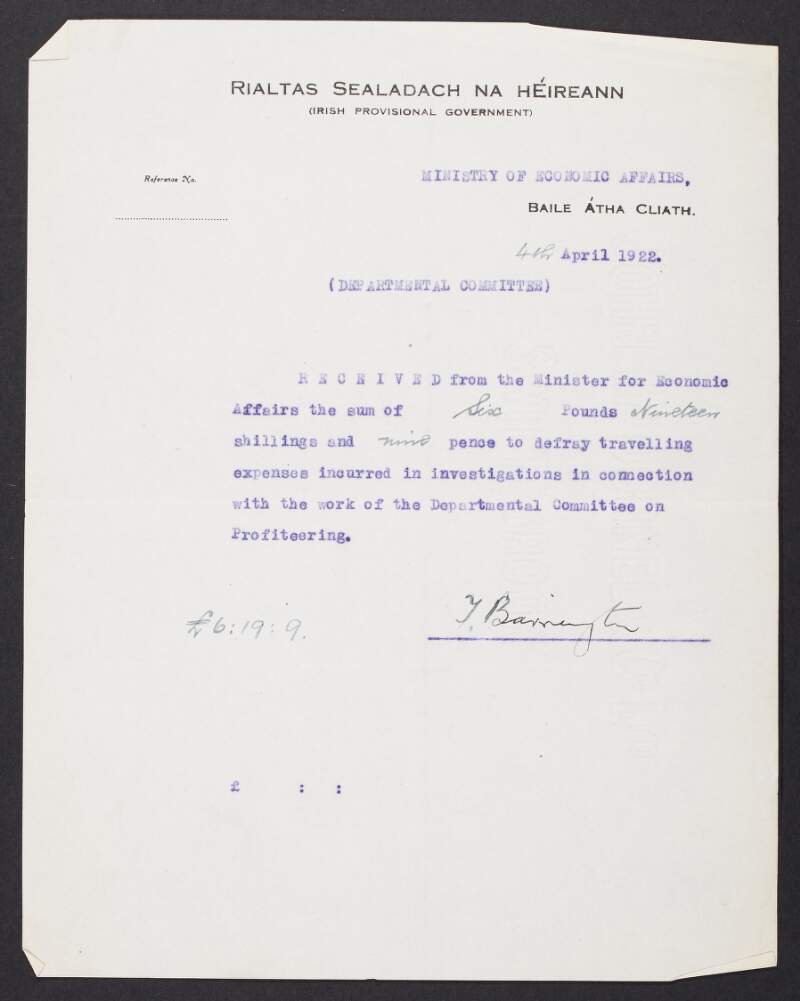 Typescript letter from the Ministry for Economic Affairs to the Departmental [Anti-Profiteering] Committee acknowledging receipt of allowance,