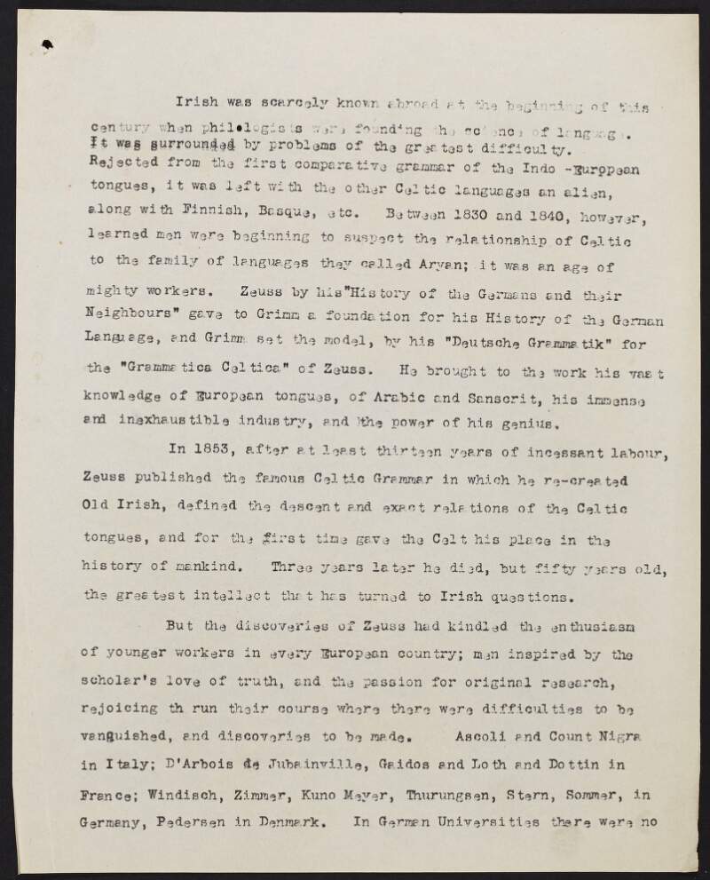 Notes relating to the Irish language and the revival of Irish studies, referencing Irish in Trinity College Dublin and abroad,