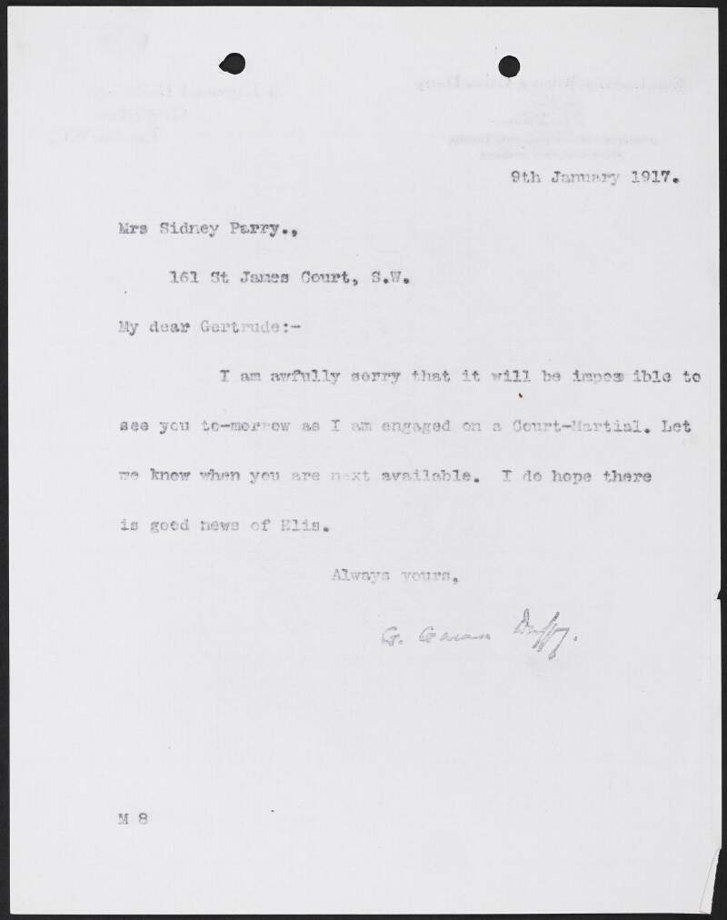 Letter from George Gavan Duffy to Gertrude Bannister apologising for not being able to meet her,