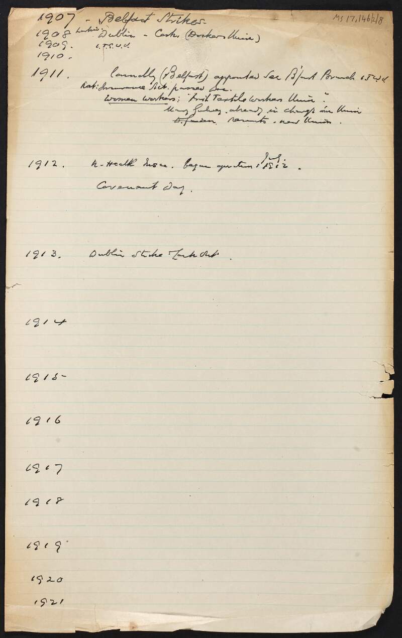 Notes by Thomas Johnson listing events from 1907 to 1920 regarding the Irish Transport and General Workers' Union,