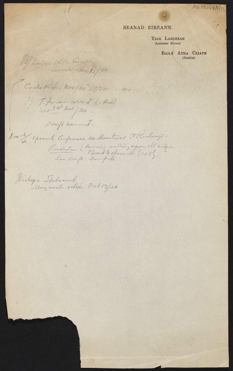 Notes by Thomas Johnson regarding events in 1920,