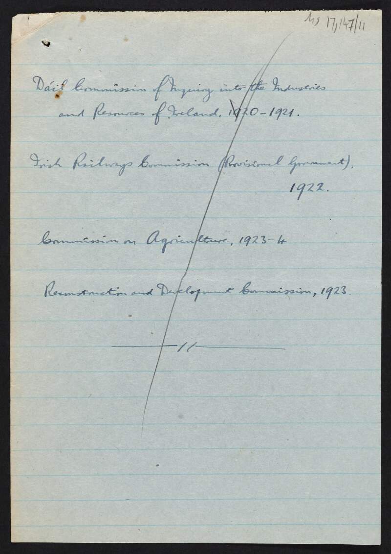 Manuscript note with names of various commissions from 1920 to 1923,