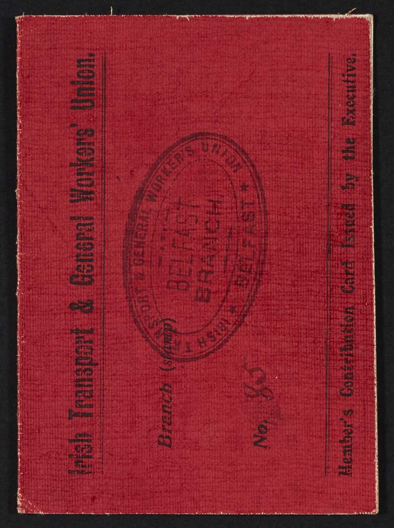 Thomas Johnson's membership card for the Irish Transport and General Workers' Union,