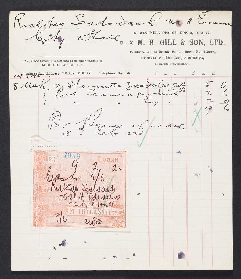 Invoice from M.H. Gill & Son, Limited, to the Provisional Government of Ireland for payment of account,