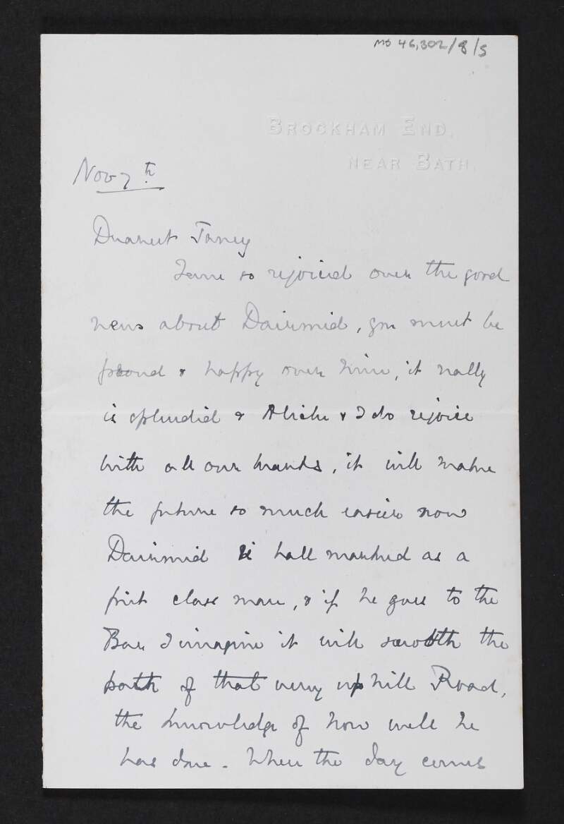Letter from Anne Elizabeth Lawrence to Jane Coffey regarding Diarmid Coffey's graduation from Trinity College Dublin,