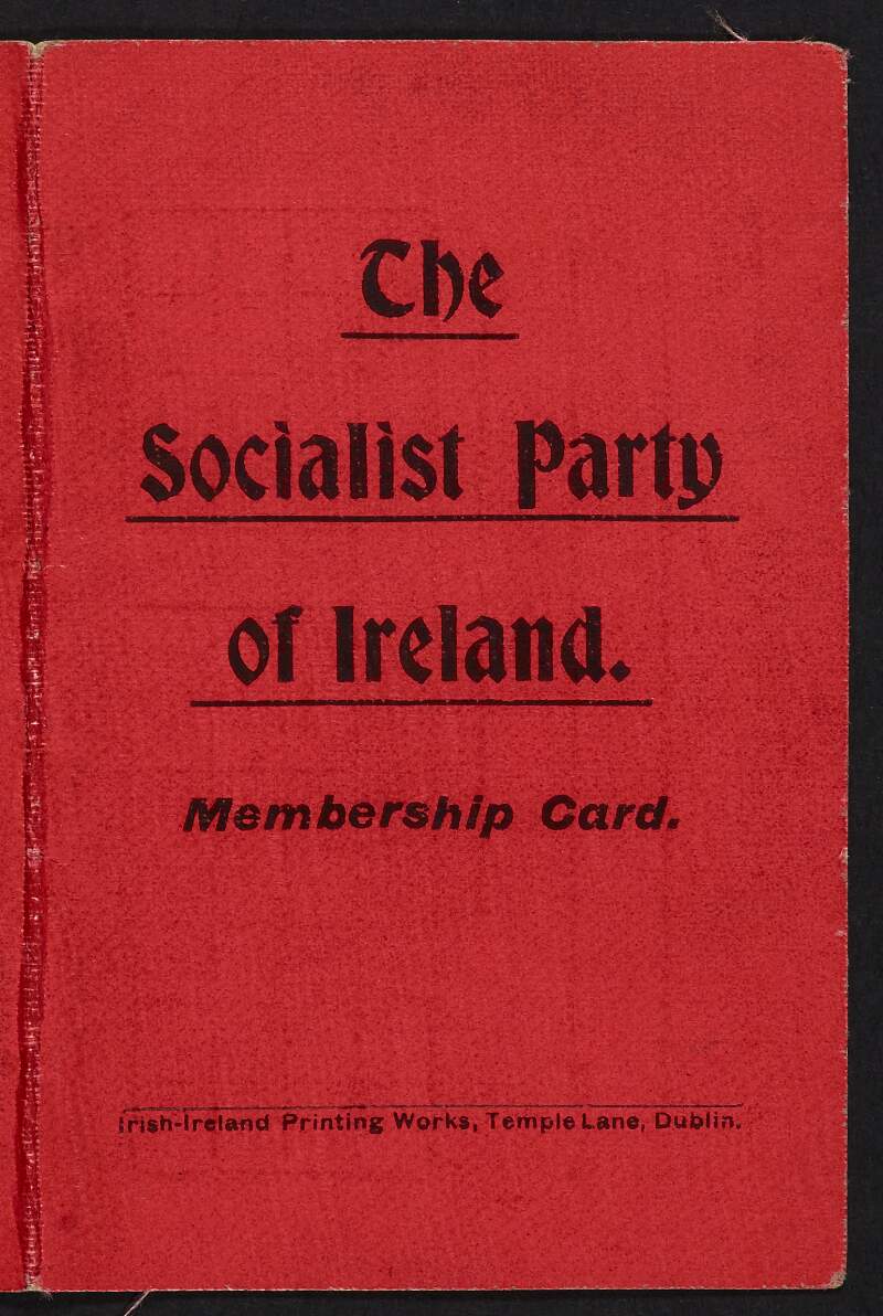 Thomas Johnson's membership card for the Socialist Party of Ireland,