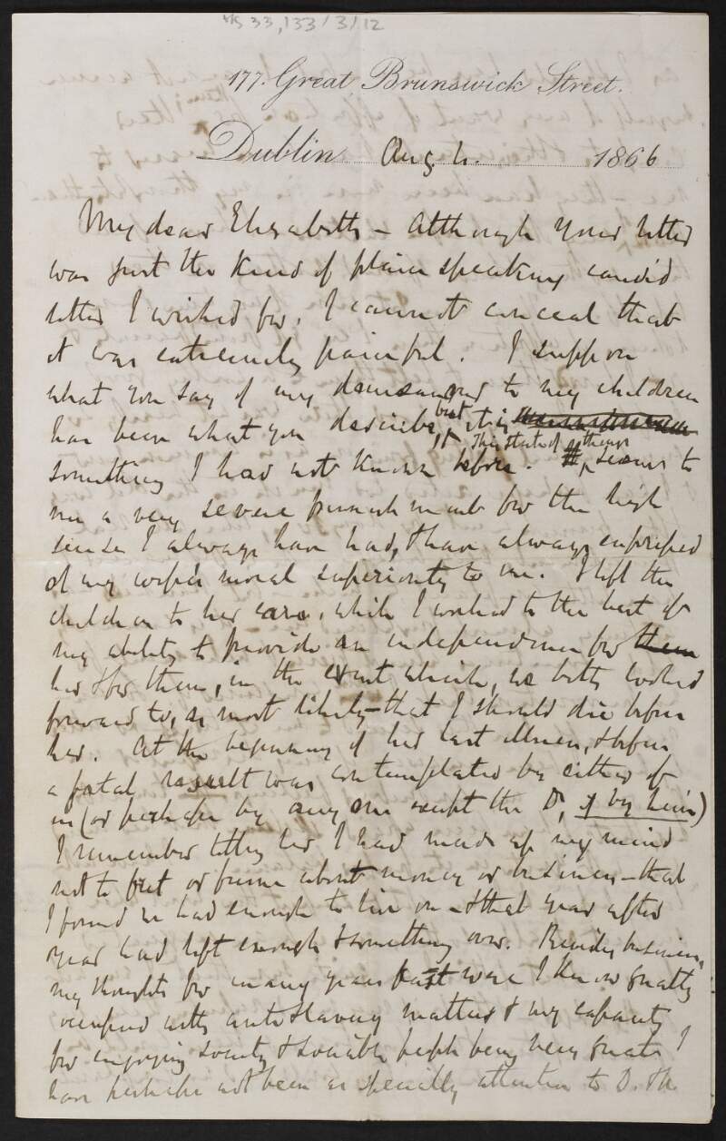 Letter from Richard Davis Webb, 177 Great Brunswick Street, Dublin, to his sister-in-law Elizabeth Harvey,